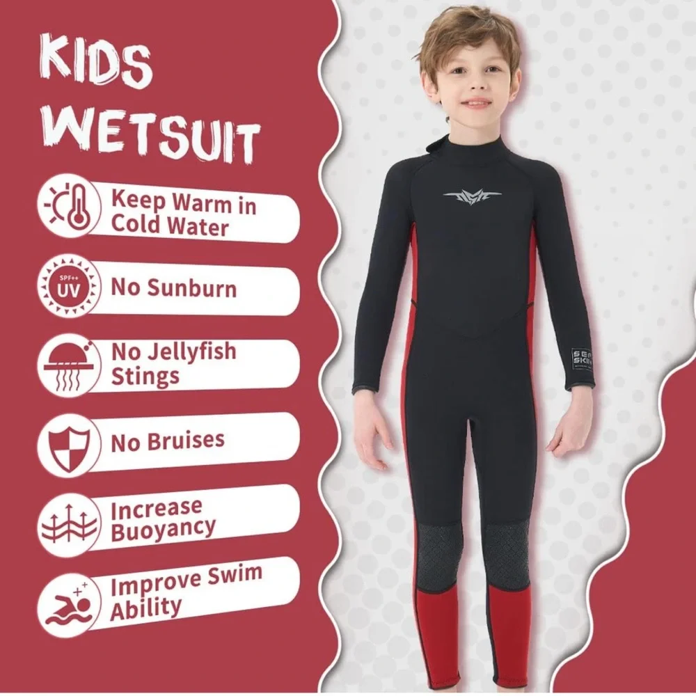 NWOT SeaSkin Youth Full Wetsuit Sz 12 – Black/Red – Surf, Swim, Dive, Kayak